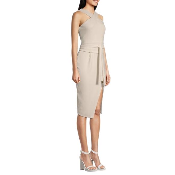 Lavish Alice Beige Halter Midi Dress w/ Obi Belt NWT Size 0 Wedding Guest - Picture 2 of 8